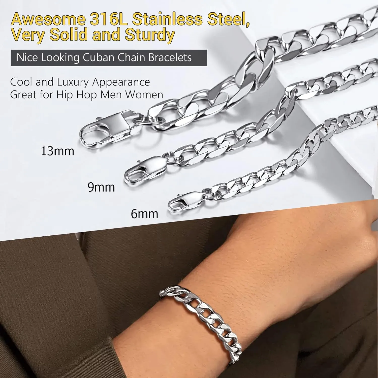 PROSTEEL Mens Cuban Link Bracelet, Black/18K Gold 316L Stainless Steel Cuban Chain Bracelet Hip Hop Jewelry, W: 6mm/9mm/13mm, L: 7.5"/8.3"/9", Come with Box