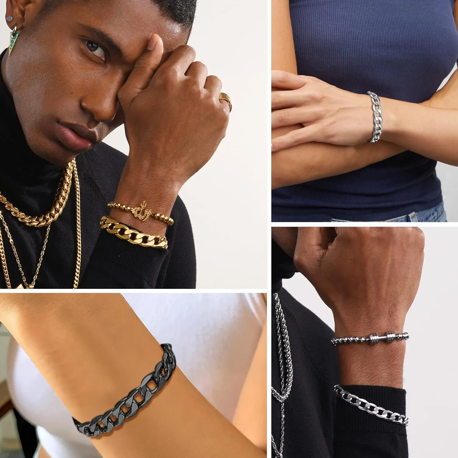 PROSTEEL Mens Cuban Link Bracelet, Black/18K Gold 316L Stainless Steel Cuban Chain Bracelet Hip Hop Jewelry, W: 6mm/9mm/13mm, L: 7.5"/8.3"/9", Come with Box