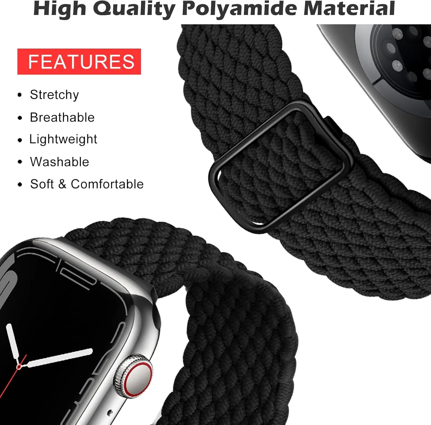 Qimela Stretchy Solo Loop Compatible with Apple Watch Band 49mm 46mm 45mm 44mm 42mm 41mm 40m 38mm for Women Men,Sport Breathable Nylon Braided Wristband for iWatch Series 10 9 8 7 6 SE 5 4 3 Ultra 2 1