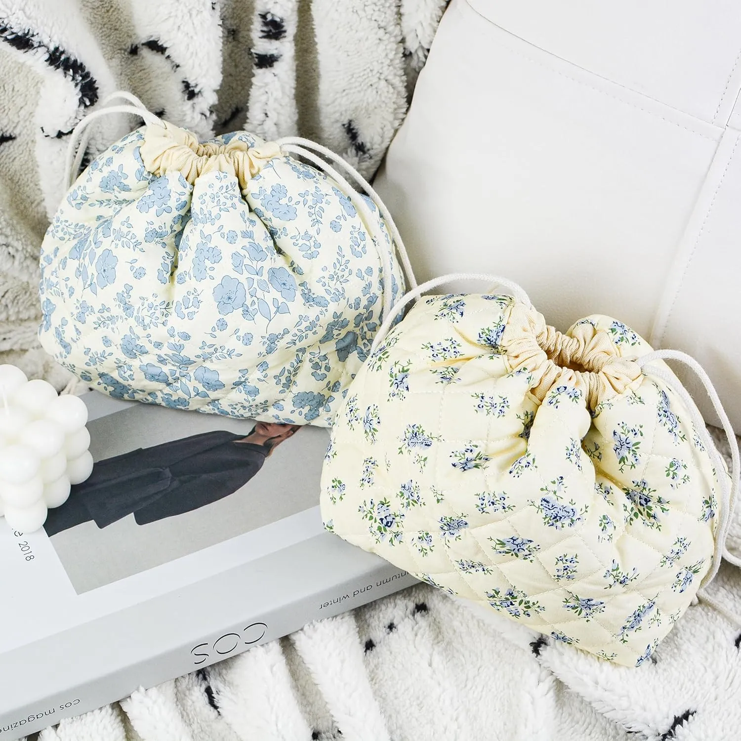 Quilted Makeup Bag for Women, Coquette Aesthetic Cosmetic Bag, Cute Travel Toiletry Bag, Cotton Drawstring Pouch for Women and Girls