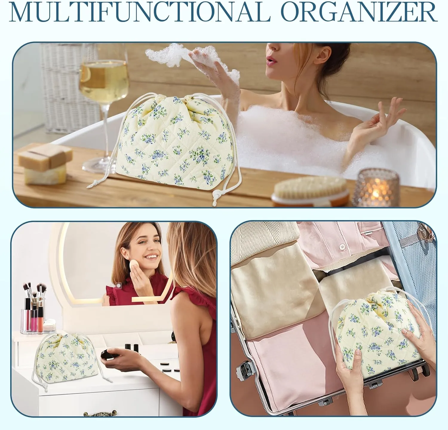 Quilted Makeup Bag for Women, Coquette Aesthetic Cosmetic Bag, Cute Travel Toiletry Bag, Cotton Drawstring Pouch for Women and Girls