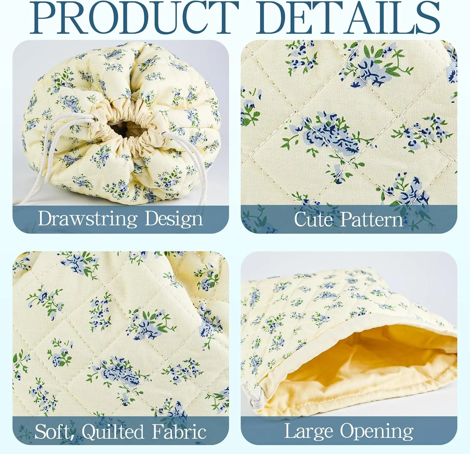 Quilted Makeup Bag for Women, Coquette Aesthetic Cosmetic Bag, Cute Travel Toiletry Bag, Cotton Drawstring Pouch for Women and Girls