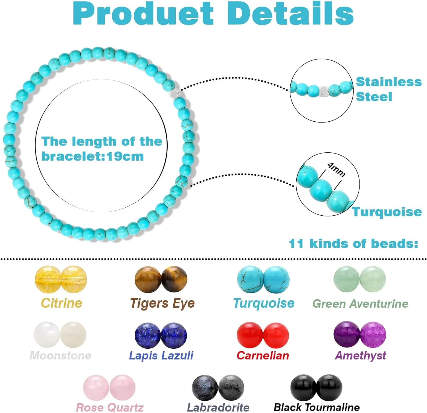 Raicegs 4 6 8MM Beaded Bracelets Healing Crystal Bracelet for Women Men Natural Stone Handmade Stretch Bracelet Reiki Spiritual Jewelry