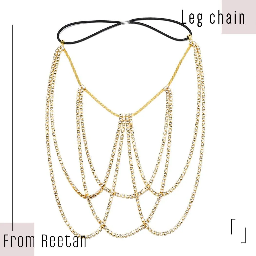REETAN Leg Jewelry Thigh Rhinstone Body Chain for Women