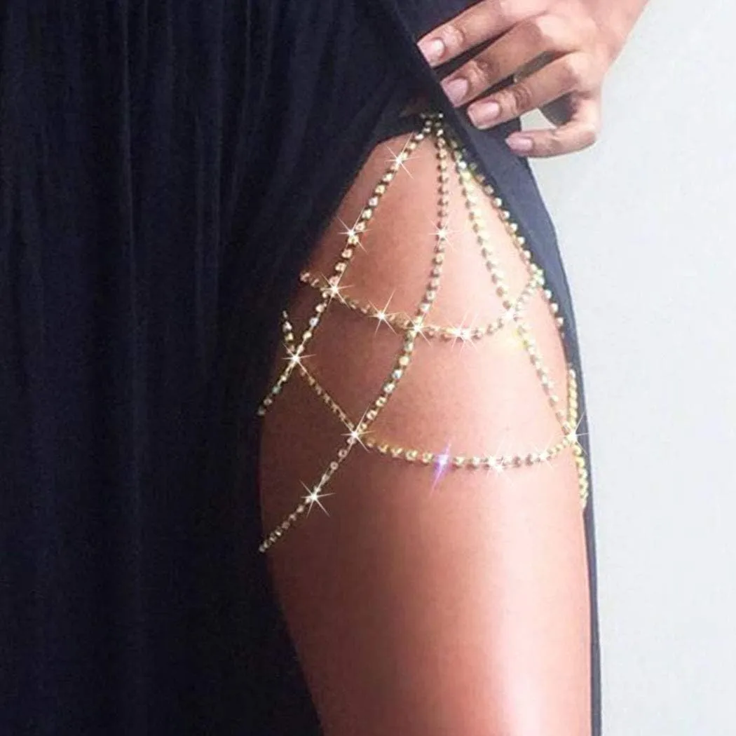 REETAN Leg Jewelry Thigh Rhinstone Body Chain for Women