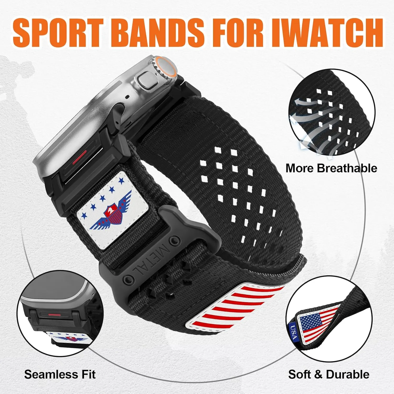 Rugged Nylon Band for Apple Watch Ultra 2 Bands for Men 49mm 46mm 45mm 44mm 42mm,Breathable Stars-Stripes Flag Wristband Workout Athletic Strap for iWatch Bands Ultra Series 10 9 8 7 6 5 4 3 SE/Ultra2