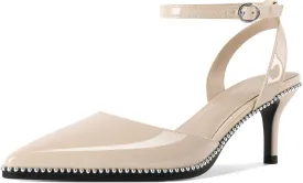 SAMMITOP Womens Slingback Kitten Heels Pointed Toe Low Heel Ankle Strap Pumps Slip On Comfortable Wedding Party Beaded Dress Shoes 2.4 Inch