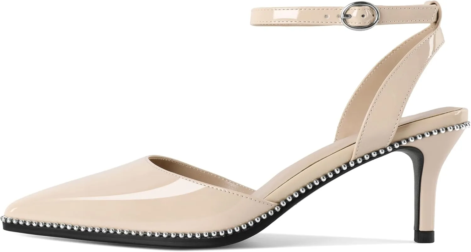 SAMMITOP Womens Slingback Kitten Heels Pointed Toe Low Heel Ankle Strap Pumps Slip On Comfortable Wedding Party Beaded Dress Shoes 2.4 Inch