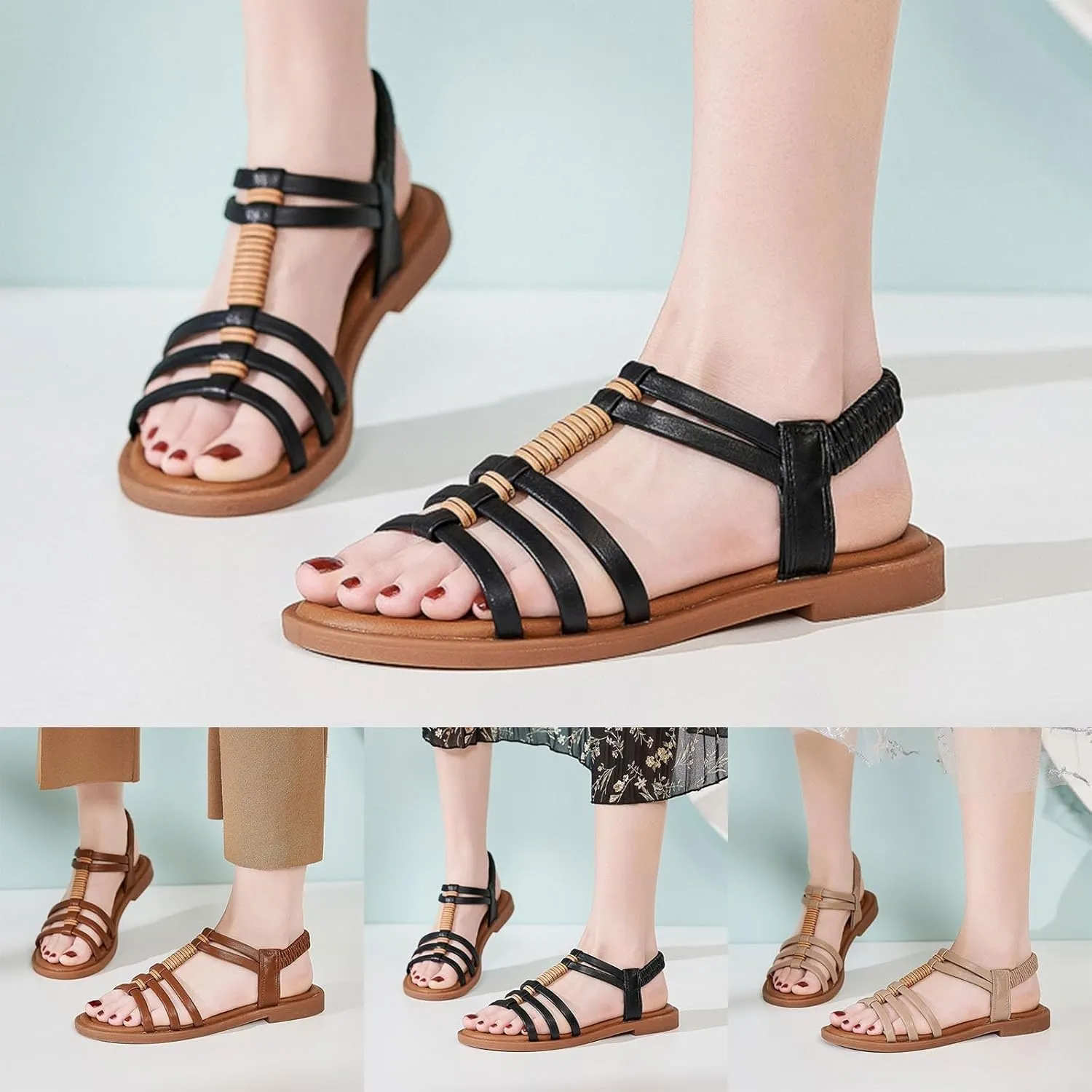 Sandals for Women Arch Support Sandals Summer Beach Sandals Boho Rhinestone Beaded Sandal Elastic Ankle Strap Shoes
