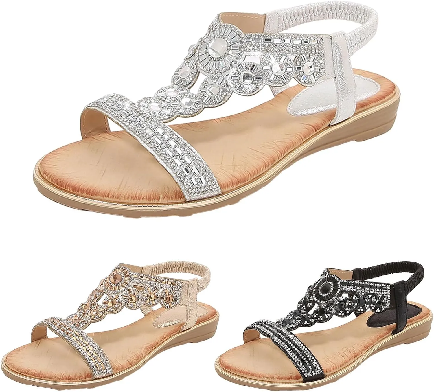 Sandals Women Bohemian Beaded Sandals Elastic Ankle Strap Sandals Outdoor T-Strap Sandal Dress Summer Beach Shoes