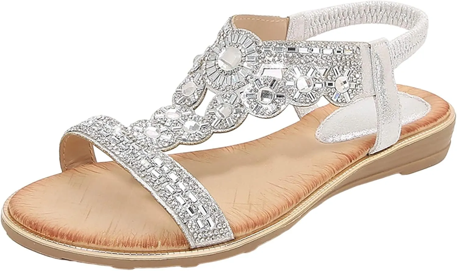 Sandals Women Bohemian Beaded Sandals Elastic Ankle Strap Sandals Outdoor T-Strap Sandal Dress Summer Beach Shoes