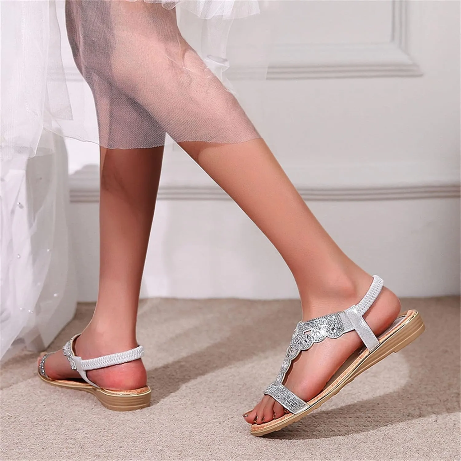Sandals Women Bohemian Beaded Sandals Elastic Ankle Strap Sandals Outdoor T-Strap Sandal Dress Summer Beach Shoes