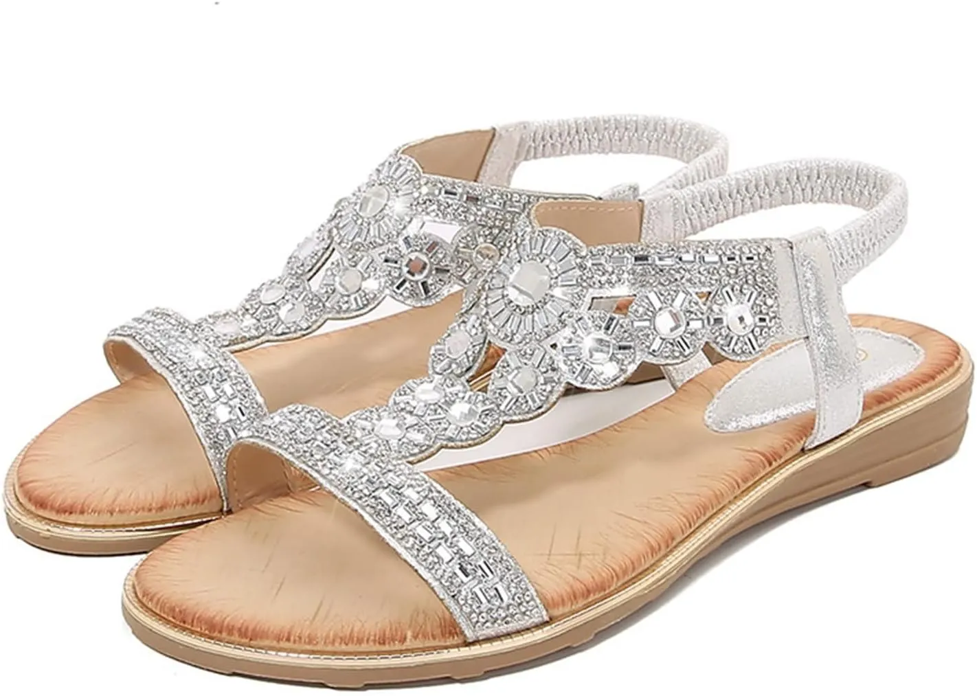Sandals Women Bohemian Beaded Sandals Elastic Ankle Strap Sandals Outdoor T-Strap Sandal Dress Summer Beach Shoes