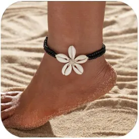 Shell Beaded Ankle Bracelet for Women, Double Layered Hollow Heart Sea Shell & Starfish Anklet Boho Turquoise Elastic Anklet Bracelet Summer Beach Foot Jewelry