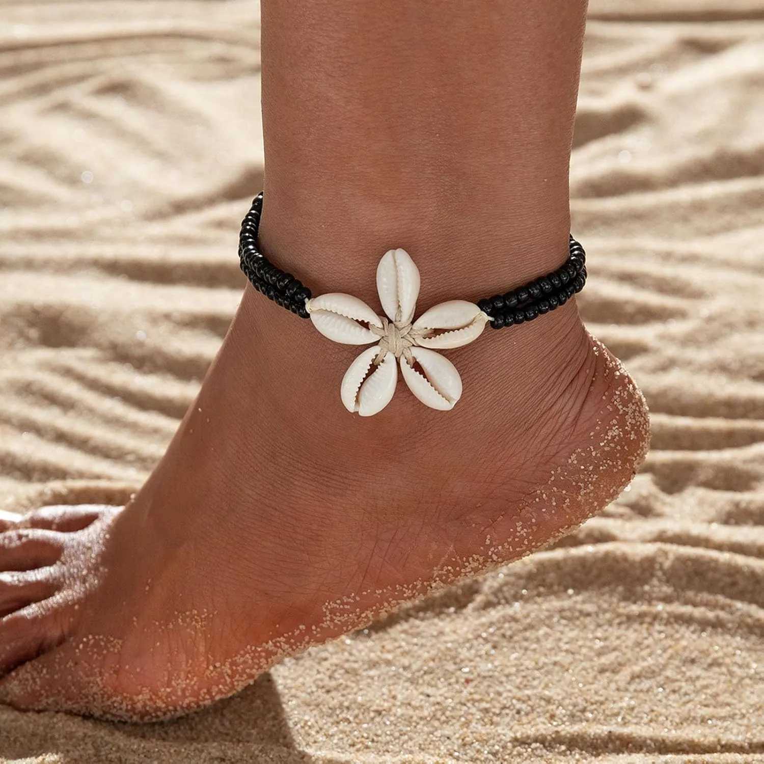Shell Beaded Ankle Bracelet for Women, Double Layered Hollow Heart Sea Shell & Starfish Anklet Boho Turquoise Elastic Anklet Bracelet Summer Beach Foot Jewelry