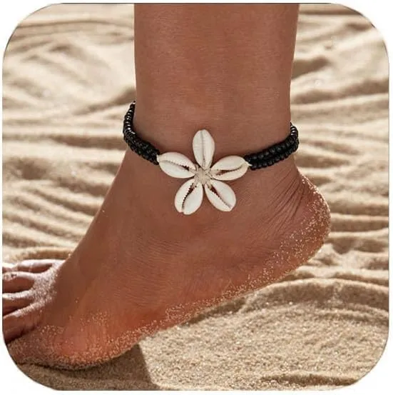 Shell Beaded Ankle Bracelet for Women, Double Layered Hollow Heart Sea Shell & Starfish Anklet Boho Turquoise Elastic Anklet Bracelet Summer Beach Foot Jewelry