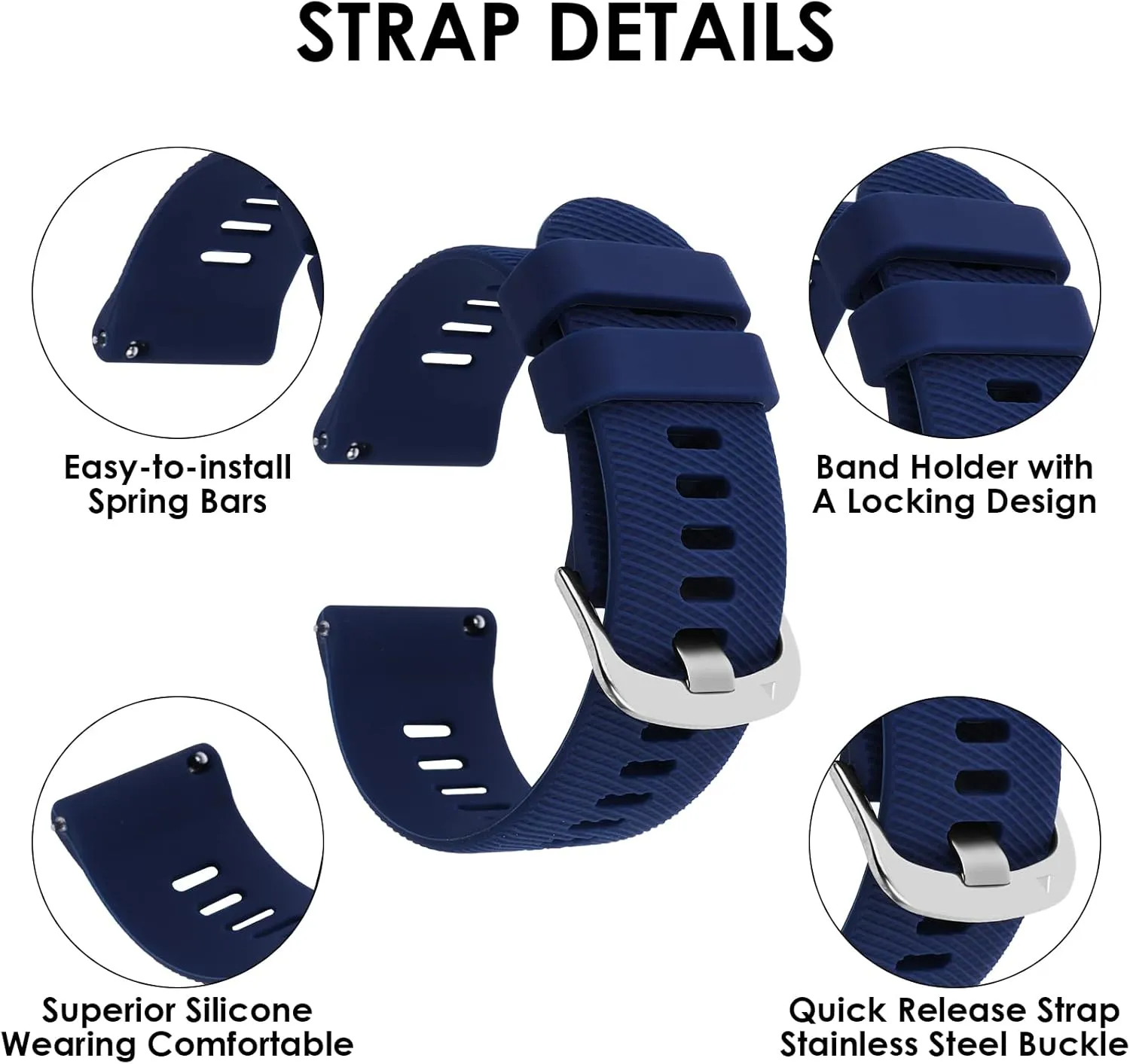 Silicone Rubber Watch Bands, Silver Stainless Steel Buckle, Quick Release, 18mm 20mm 22mm Smartwatches Bands for Men and Women Waterproof Sport Watchbands