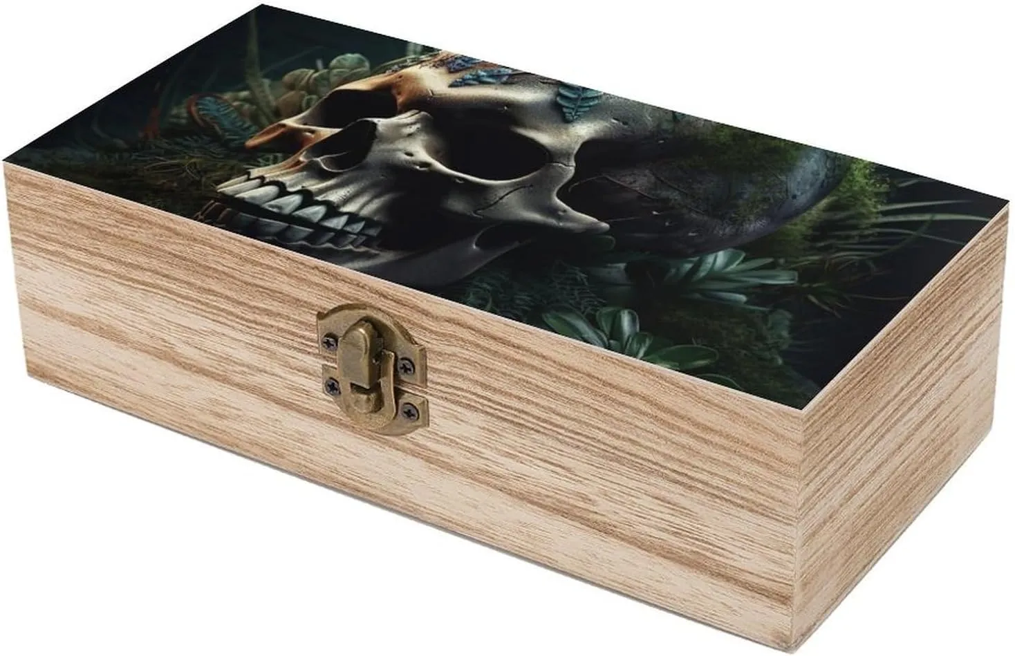 Skull And Plants Wooden Decorative Storage Box with Hinged Lock, Handmade Keepsake Jewelry Chest, Elegant Retro Decor Boxes, Compact Organizer Box for Home, Wedding, Gifts