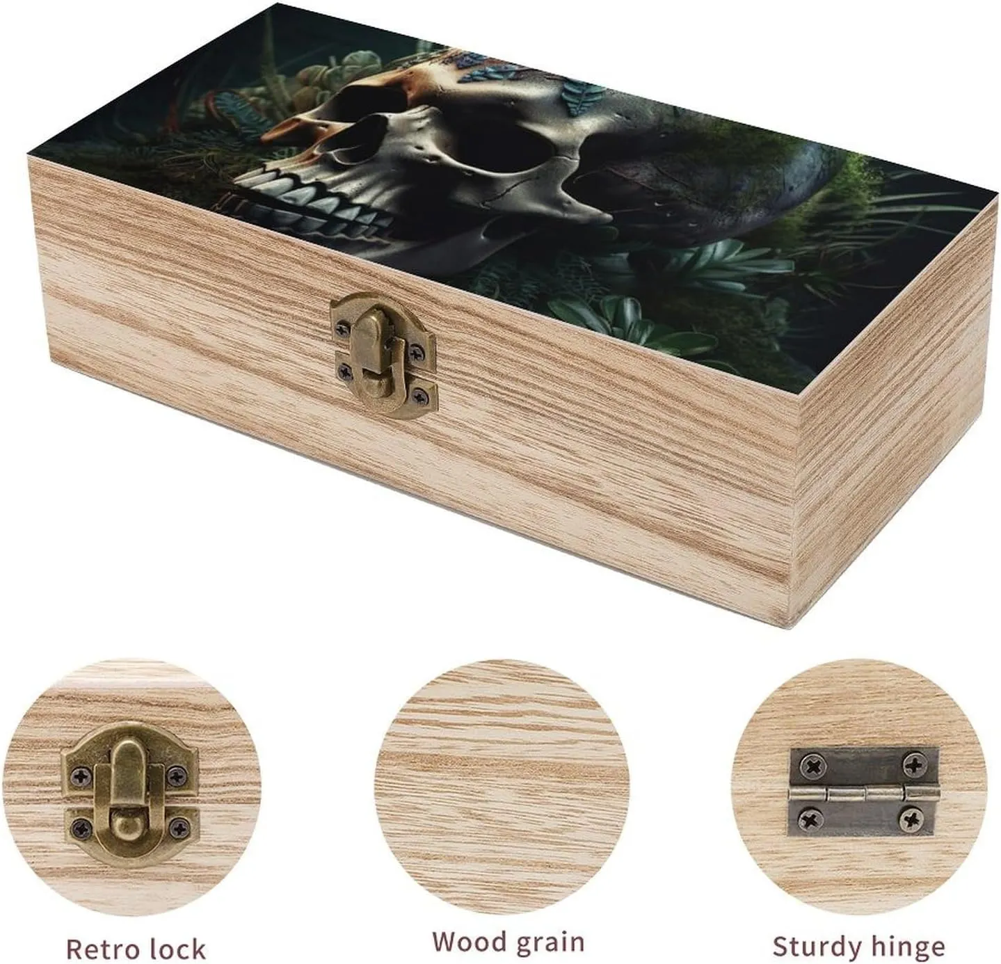 Skull And Plants Wooden Decorative Storage Box with Hinged Lock, Handmade Keepsake Jewelry Chest, Elegant Retro Decor Boxes, Compact Organizer Box for Home, Wedding, Gifts