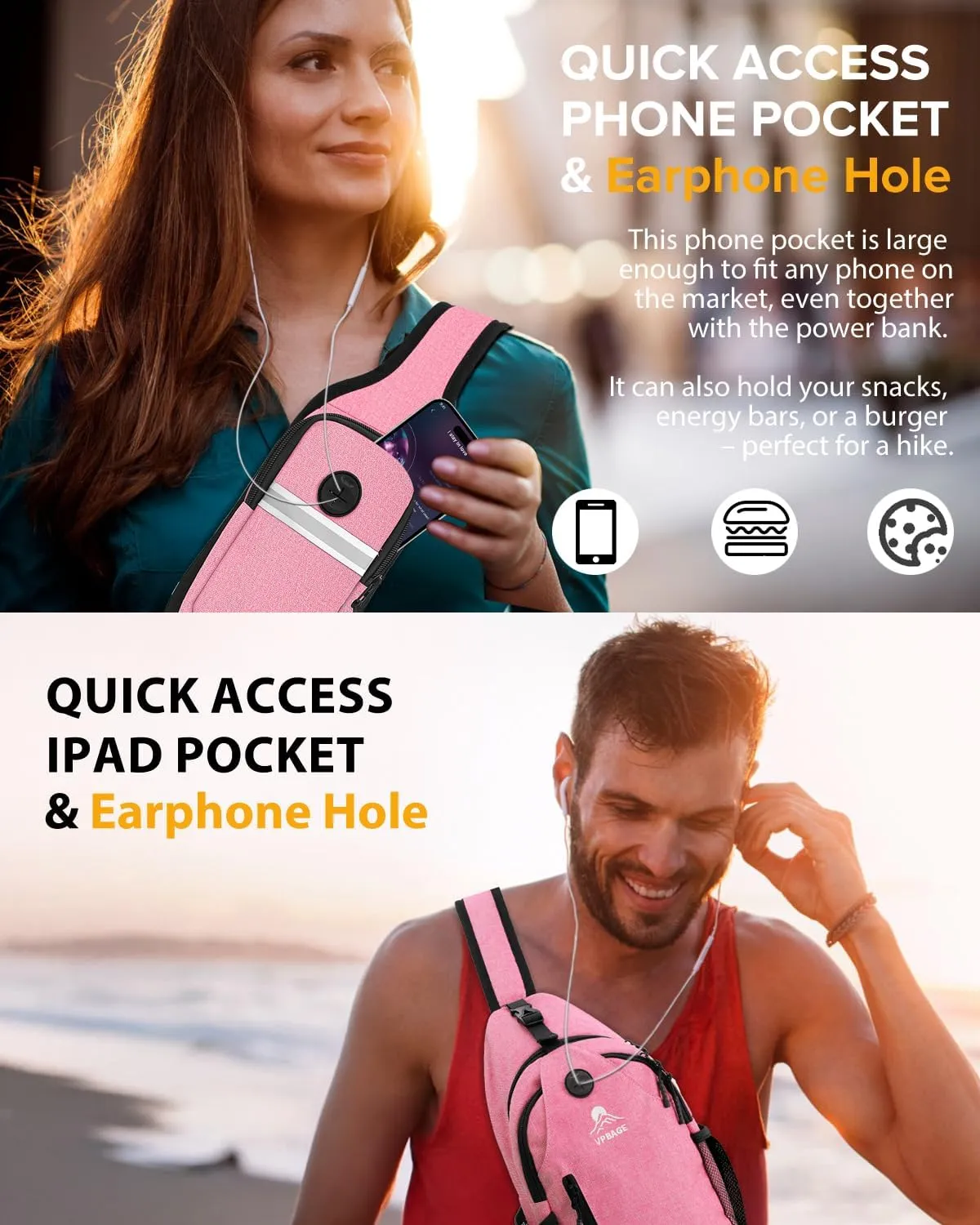Sling Bag for Men Women, Crossbody Hiking Daypack/Chest Bag/Shoulder Bag, Small Backpack Travel, with Chest Phone Holder