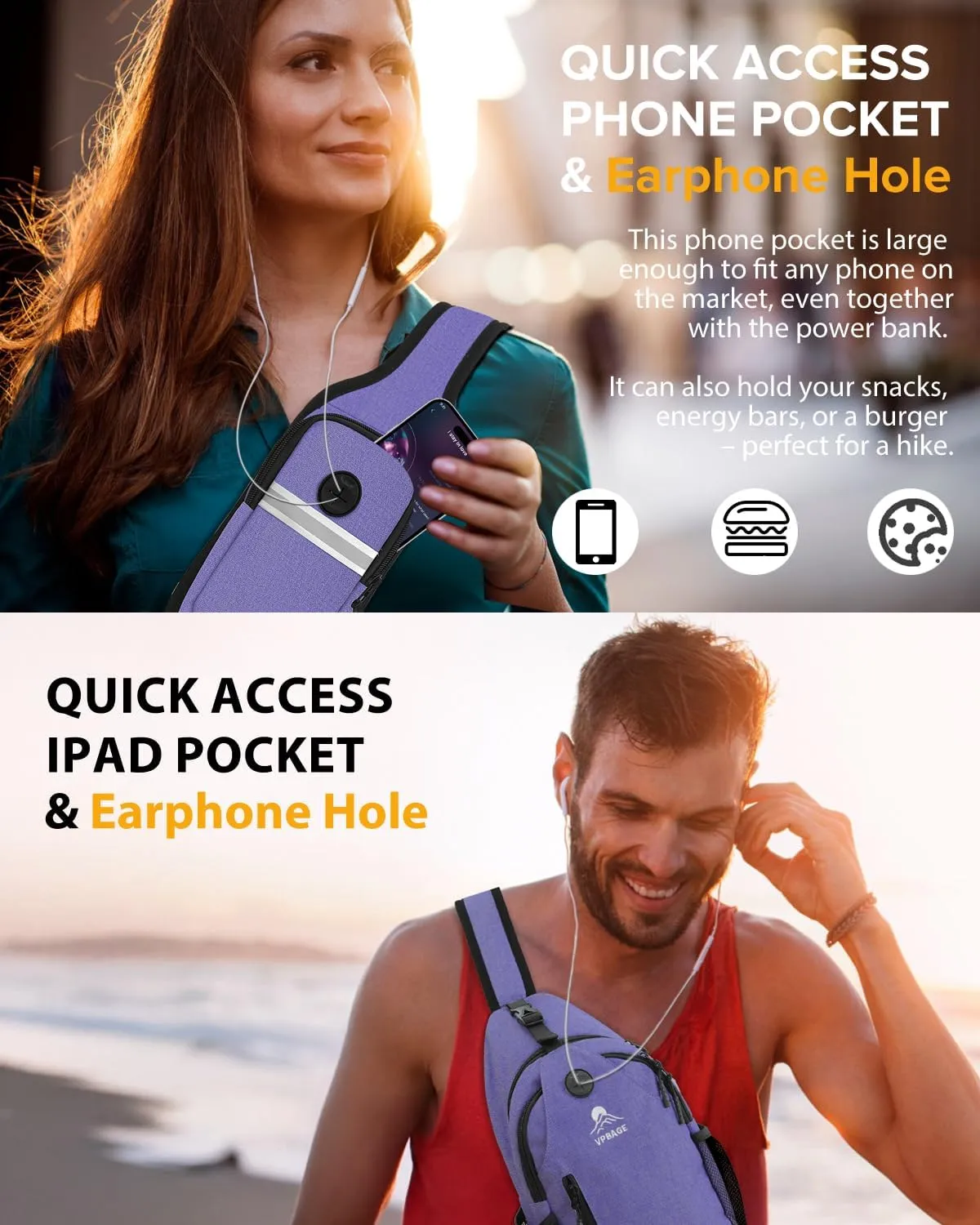 Sling Bag for Men Women, Crossbody Hiking Daypack/Chest Bag/Shoulder Bag, Small Backpack Travel, with Chest Phone Holder