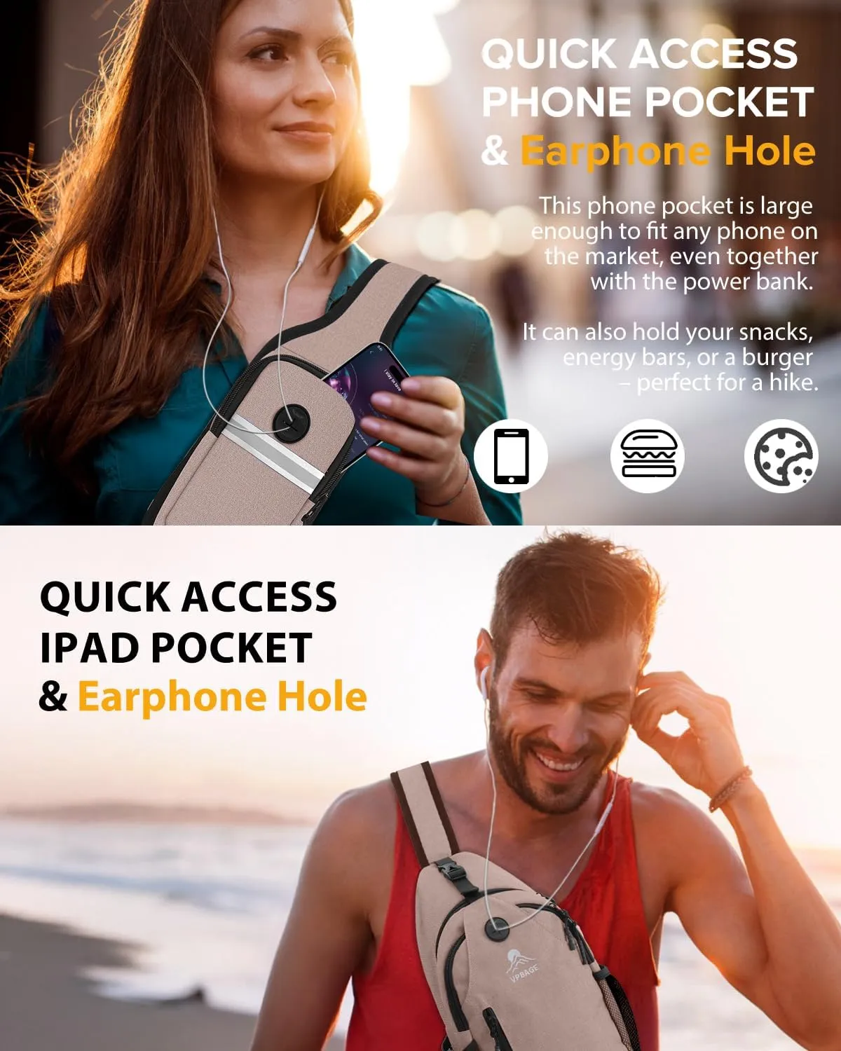 Sling Bag for Men Women, Crossbody Hiking Daypack/Chest Bag/Shoulder Bag, Small Backpack Travel, with Chest Phone Holder