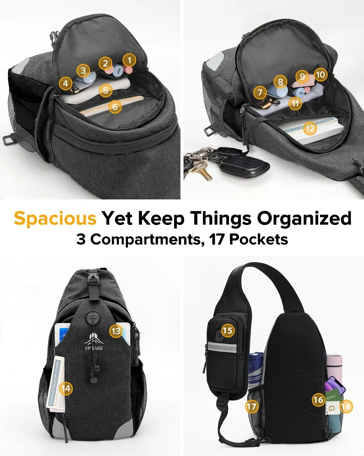 Sling Bag for Men Women, Crossbody Hiking Daypack/Chest Bag/Shoulder Bag, Small Backpack Travel, with Chest Phone Holder