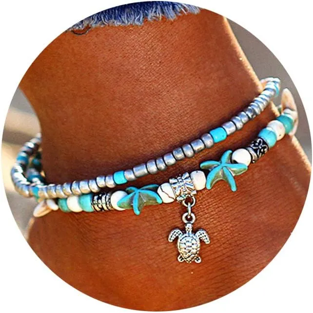 Softones Blue Starfish Turtle Anklet Multilayer Charm Beads Sea Handmade Boho Anklet Foot Jewelry for Women