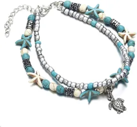Softones Blue Starfish Turtle Anklet Multilayer Charm Beads Sea Handmade Boho Anklet Foot Jewelry for Women