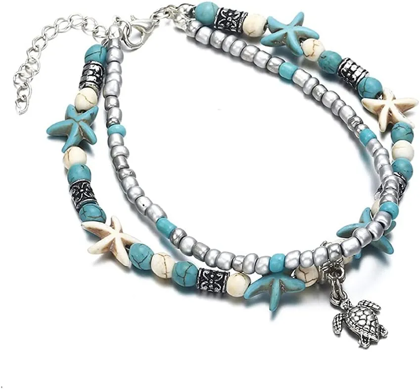 Softones Blue Starfish Turtle Anklet Multilayer Charm Beads Sea Handmade Boho Anklet Foot Jewelry for Women