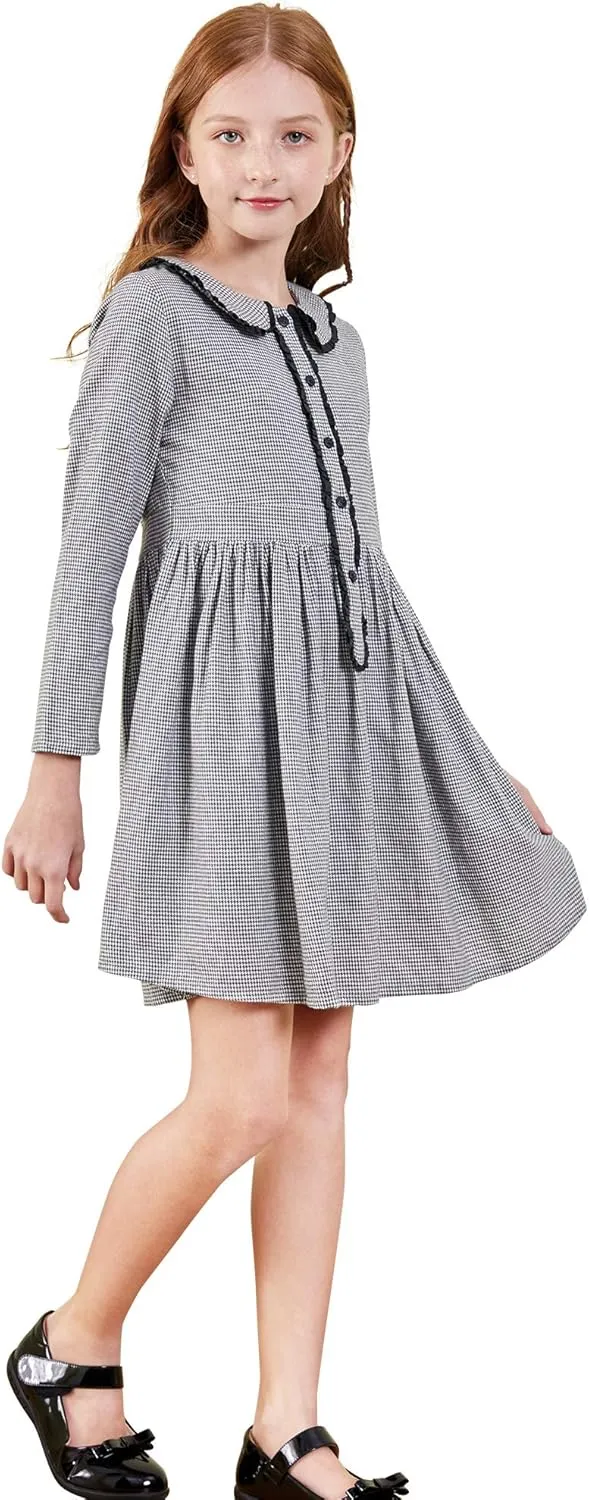 SOLOCOTE Girls Plaid Dress Cotton Casual Spring Long Sleeve Dresses Peter Pan Collar 3-14Y
