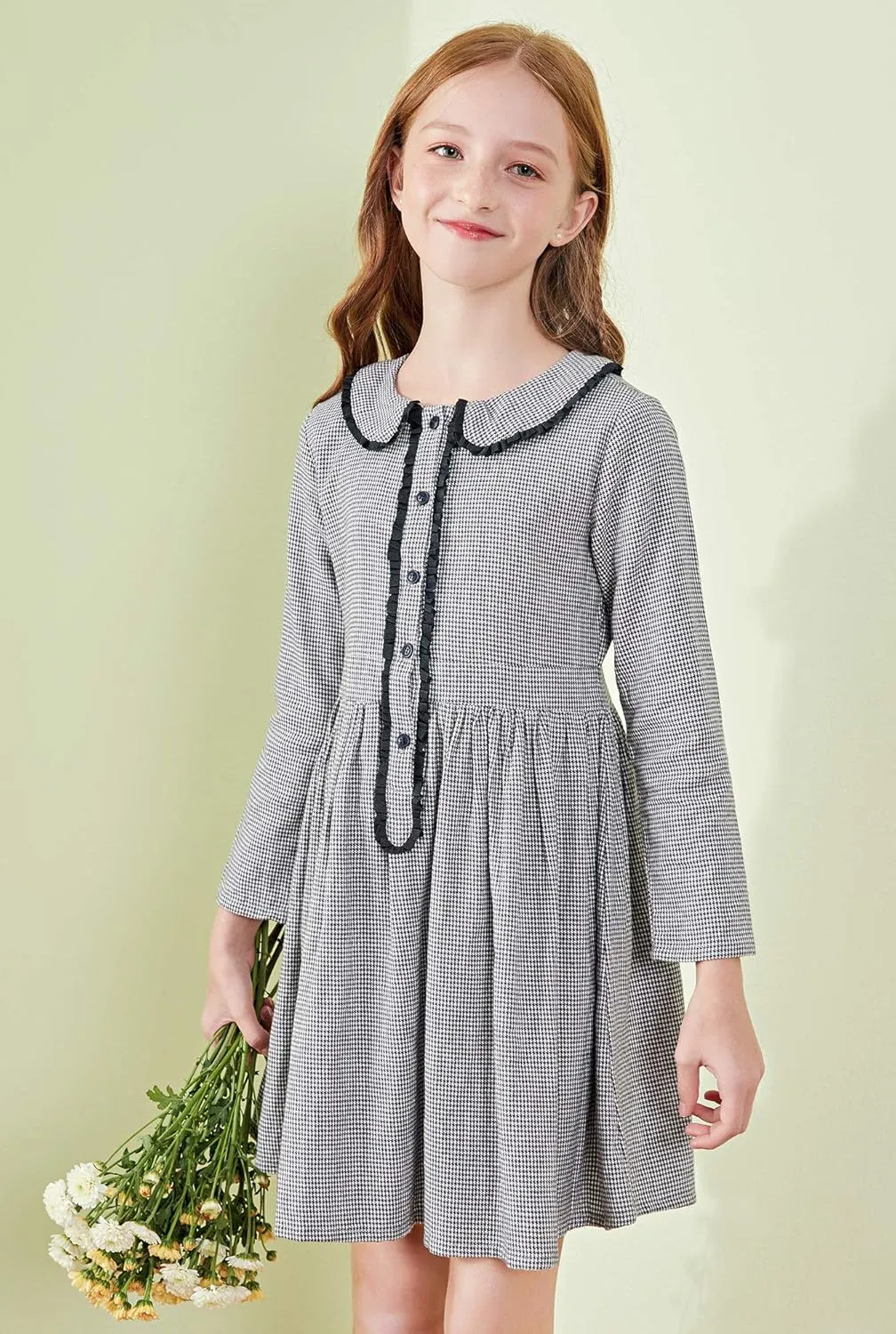 SOLOCOTE Girls Plaid Dress Cotton Casual Spring Long Sleeve Dresses Peter Pan Collar 3-14Y