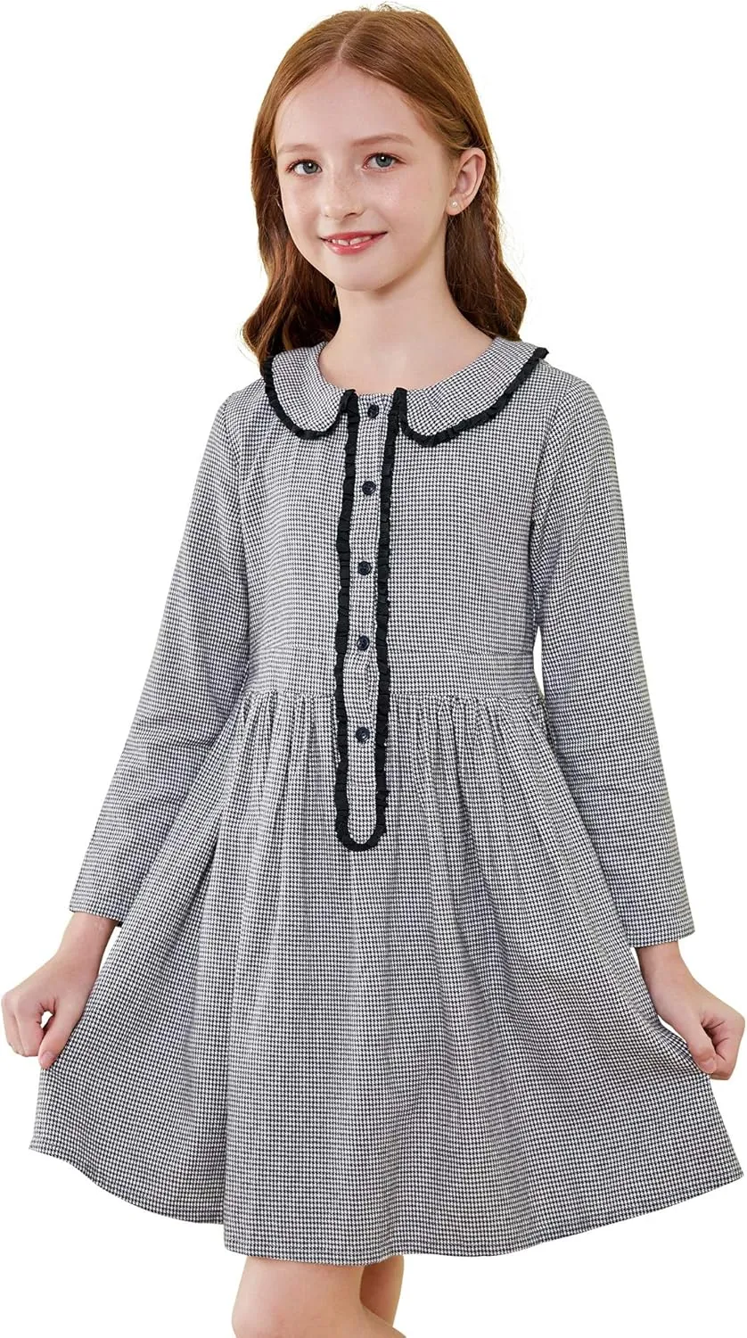SOLOCOTE Girls Plaid Dress Cotton Casual Spring Long Sleeve Dresses Peter Pan Collar 3-14Y