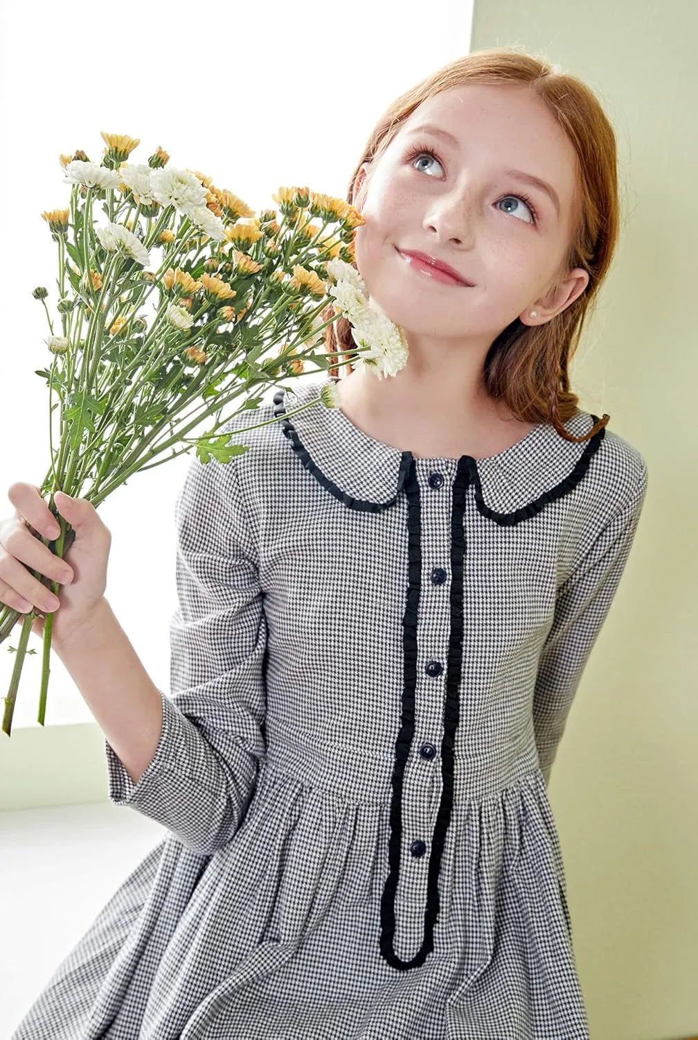 SOLOCOTE Girls Plaid Dress Cotton Casual Spring Long Sleeve Dresses Peter Pan Collar 3-14Y