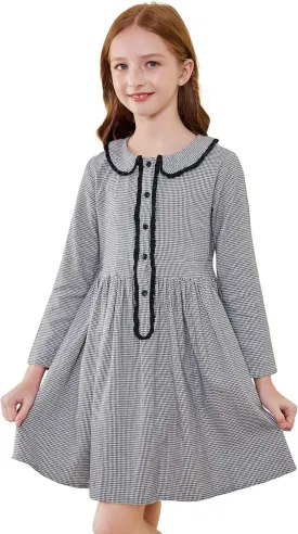 SOLOCOTE Girls Plaid Dress Cotton Casual Spring Long Sleeve Dresses Peter Pan Collar 3-14Y