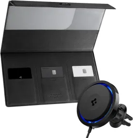 Spigen Car Registration and Insurance Card Holder made with Velo Vegan Premium Leather & OneTap Pro 3 Cryomax (Fast Charging with Ultra-Quiet Noiseless Cooling) Wireless Car Charger Airvent Clip Desig
