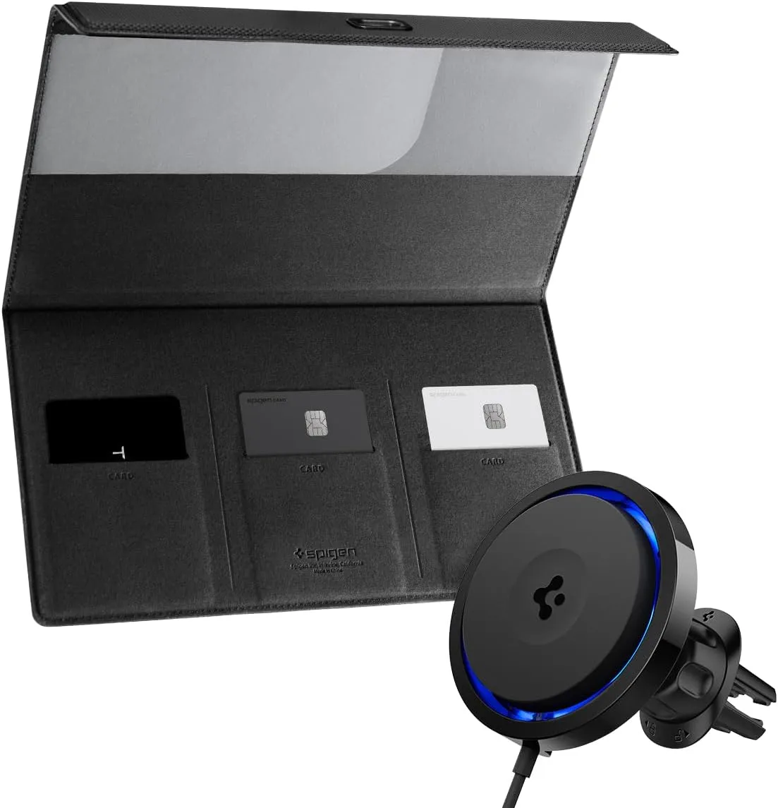 Spigen Car Registration and Insurance Card Holder made with Velo Vegan Premium Leather & OneTap Pro 3 Cryomax (Fast Charging with Ultra-Quiet Noiseless Cooling) Wireless Car Charger Airvent Clip Desig