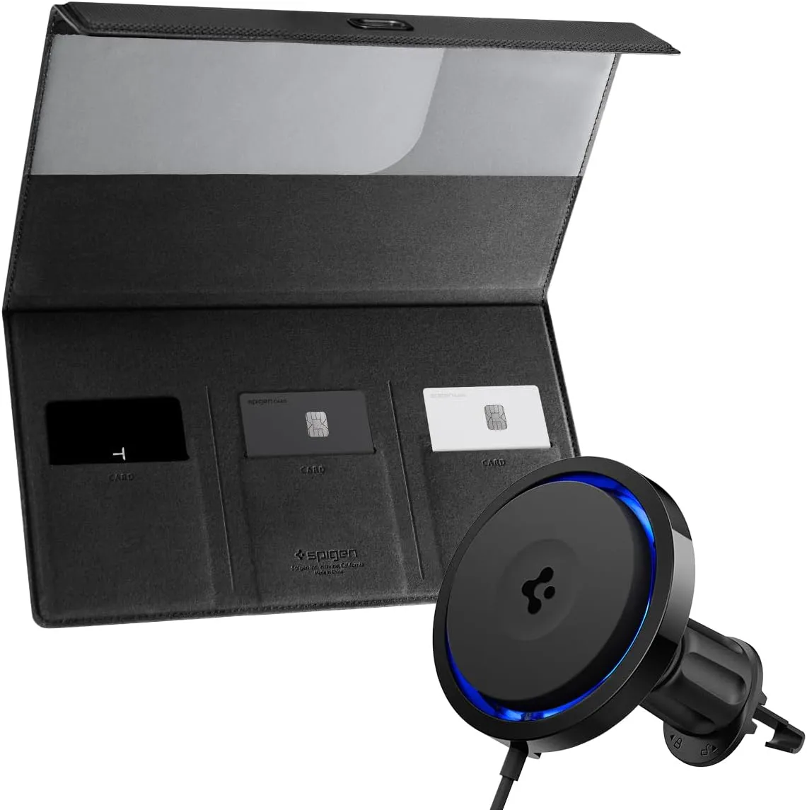 Spigen Car Registration and Insurance Card Holder made with Velo Vegan Premium Leather & OneTap Pro 3 Cryomax (Fast Charging with Ultra-Quiet Noiseless Cooling) Wireless Car Charger Airvent Hook