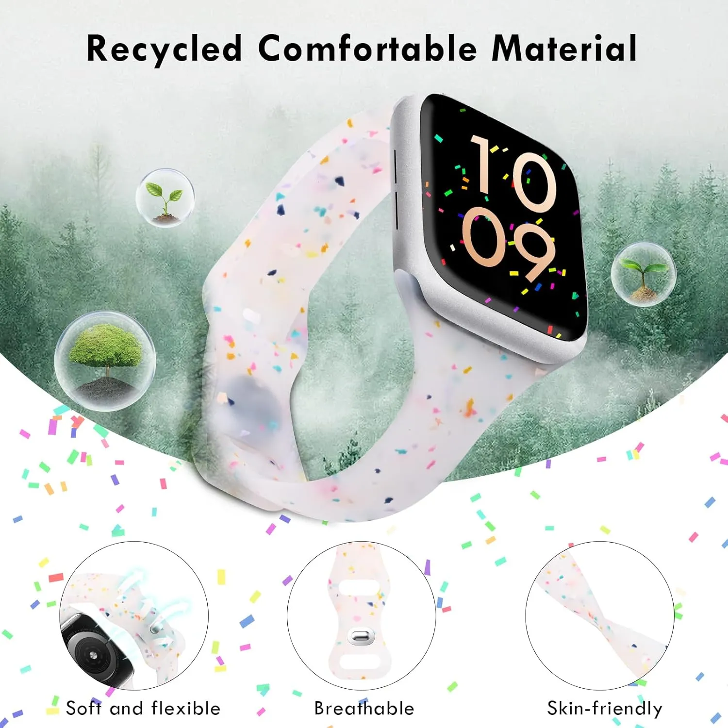 Sport Band Compatible with Apple Watch Band 44mm 45mm 42mm 46mm for Women Girls, Silicone Slim Wristband for Apple Watch Bands, Breathable Recycled Strap for iWatch Bands Series 10 9 8 7 6 SE 5 Ultra 4 3 2 1 - Transparent white