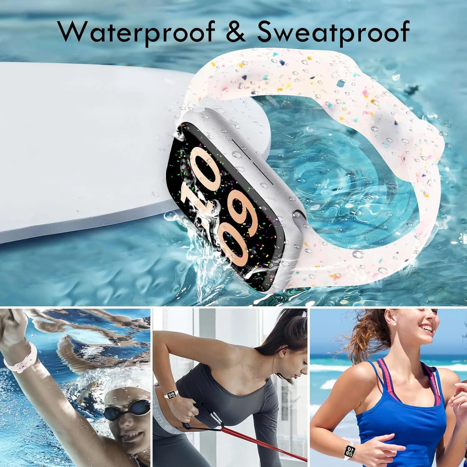 Sport Band Compatible with Apple Watch Band 44mm 45mm 42mm 46mm for Women Girls, Silicone Slim Wristband for Apple Watch Bands, Breathable Recycled Strap for iWatch Bands Series 10 9 8 7 6 SE 5 Ultra 4 3 2 1 - Transparent white