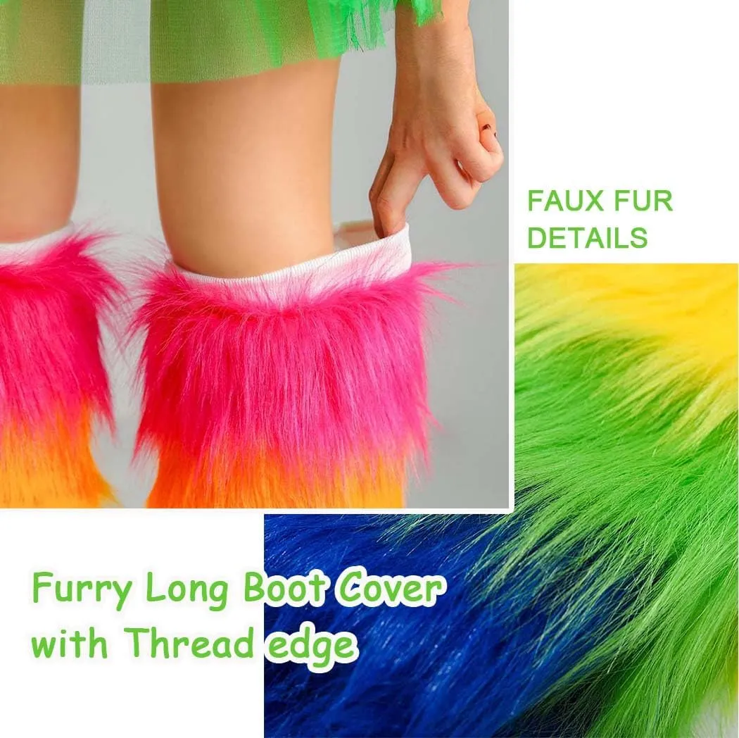 St Patricks Day Fur Leg Warmers Green Long Faux Fluffy Rave Dance Hosiery Boot Cuff Covers Leggings Party Costume