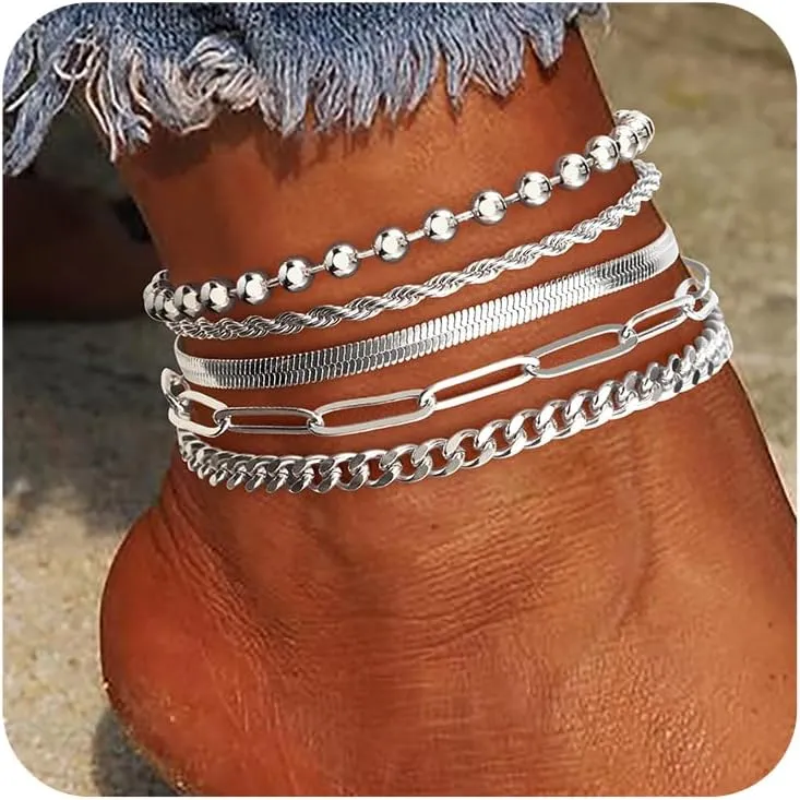 Sterling Silver Anklet Bracelets for Women Waterproof, 925 Sliver Plated CZ & Heart Charm Dainty Layer Anklets for Women Trendy, Simple Chain Anklets Set Gifts for Women, Jewelry Gifts for Her Women Mom Wife Girlfriend