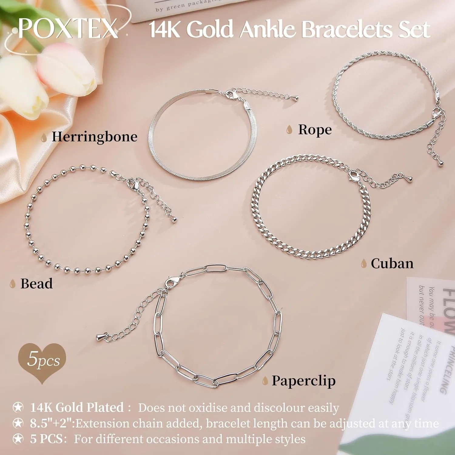 Sterling Silver Anklet Bracelets for Women Waterproof, 925 Sliver Plated CZ & Heart Charm Dainty Layer Anklets for Women Trendy, Simple Chain Anklets Set Gifts for Women, Jewelry Gifts for Her Women Mom Wife Girlfriend