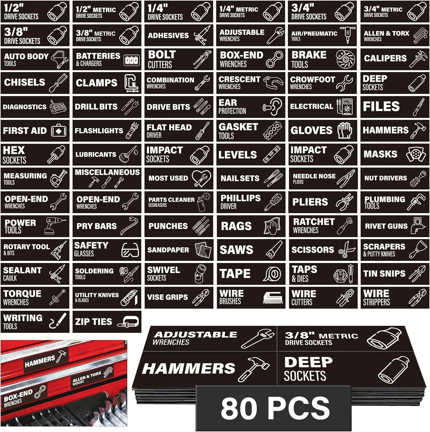 Toolbox Organization Magnetic Labels 80 Pcs, Tool Organizer Icon Labels with Strong Magnets, Toolbox Widget Stickers Accessories, Fits All Brands of Steel Tool Chest Organizer, 3" x 1"