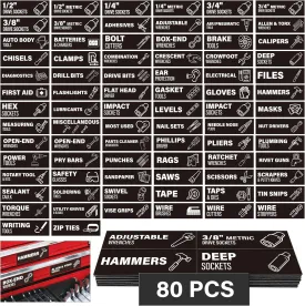 Toolbox Organization Magnetic Labels 80 Pcs, Tool Organizer Icon Labels with Strong Magnets, Toolbox Widget Stickers Accessories, Fits All Brands of Steel Tool Chest Organizer, 3" x 1"