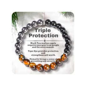 Triple Protection Tiger Eye, Black Tourmaline, and Hematite Bracelet, Strength, Protection & Balance for Men & Women, Gifts for Mothers Fathers Day, Christmas, Birthdays, Anniversary