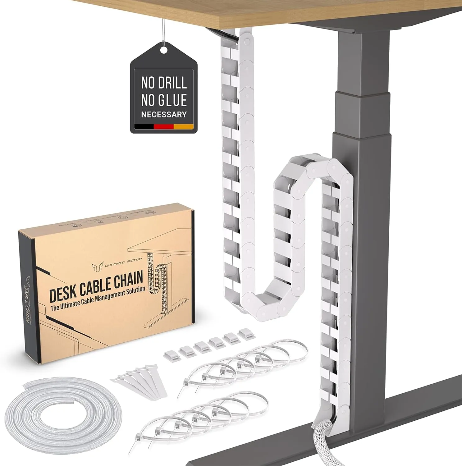 Under Desk Cable Management vertebrae  Perfect for sit Stand Desk Cable Management - Wire Management - Adjustable Length - Flexible Cable Spine - Chain Raceway Cable Management (White)