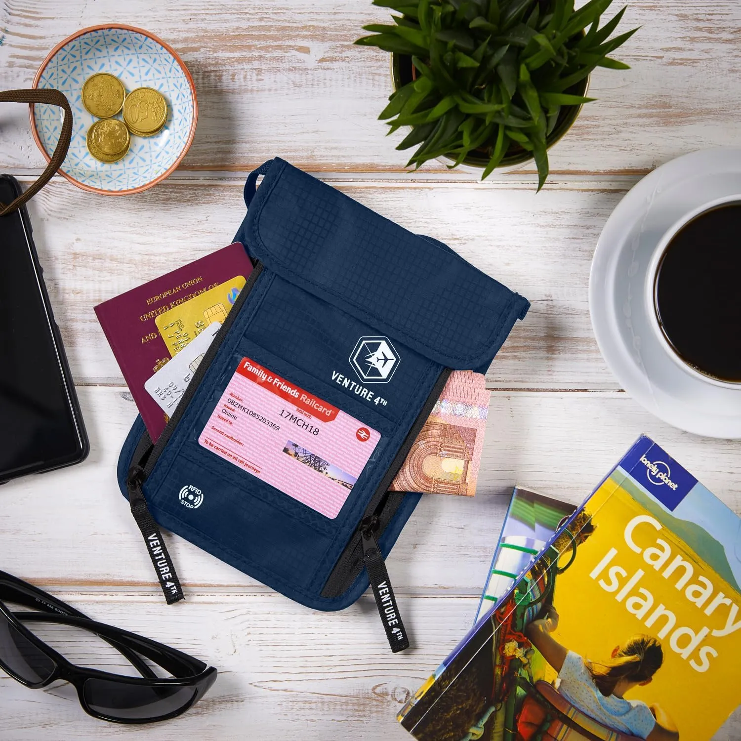 VENTURE 4TH Passport Holder Neck Pouch With RFID Blocking  Hidden Neck Wallet (Navy Blue)