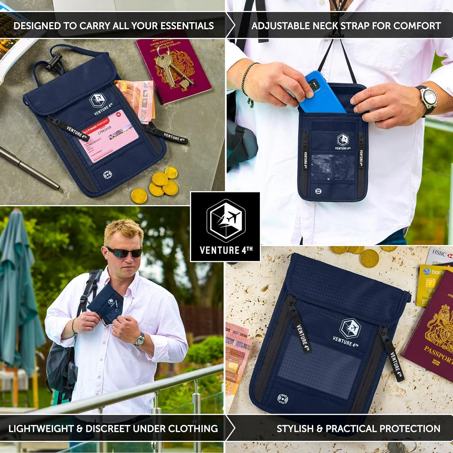 VENTURE 4TH Passport Holder Neck Pouch With RFID Blocking  Hidden Neck Wallet (Navy Blue)