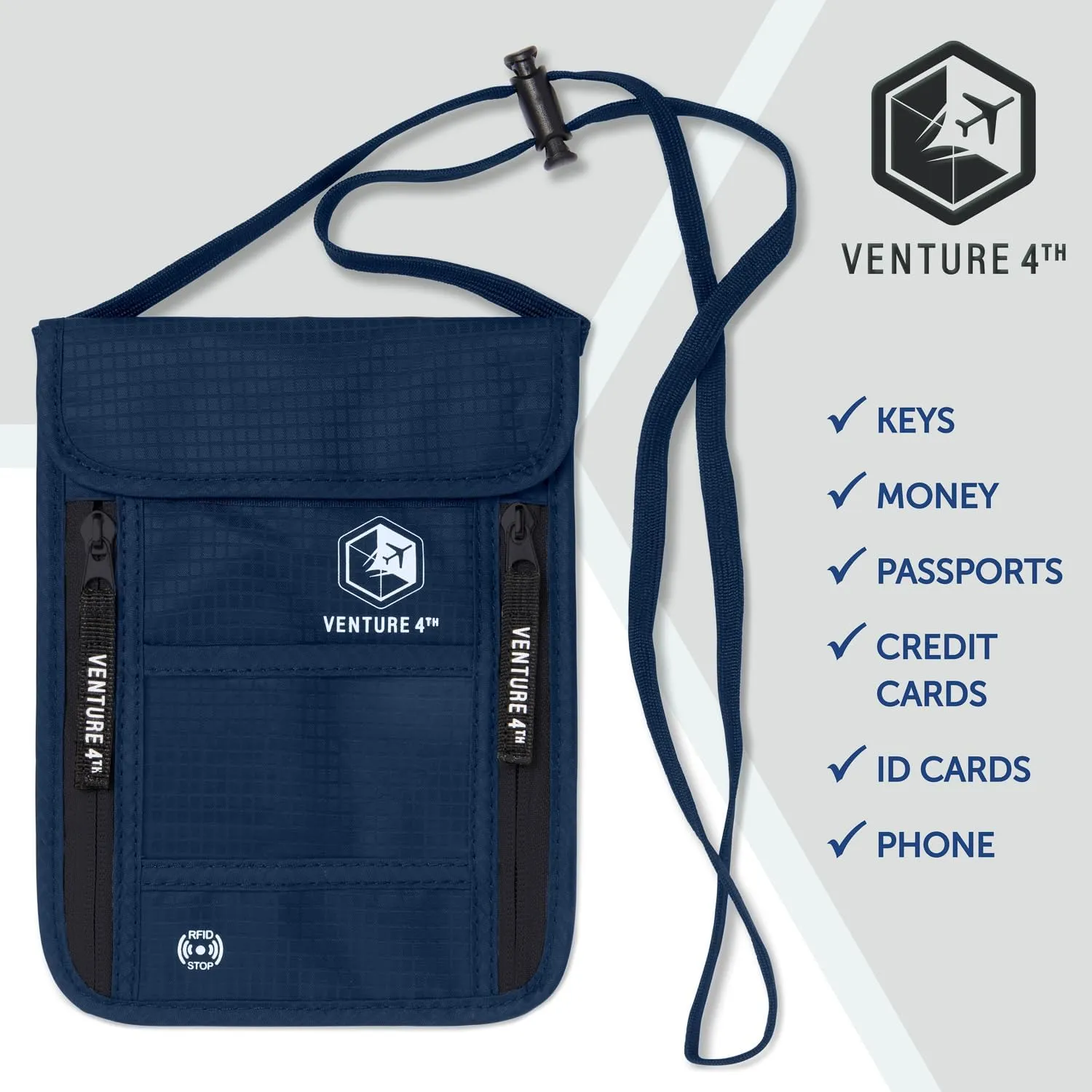 VENTURE 4TH Passport Holder Neck Pouch With RFID Blocking  Hidden Neck Wallet (Navy Blue)